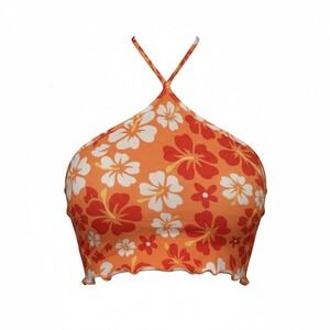 New Y2K Small Halter Top Beach Hibiscus Print Orange Tropical Lettuce Backless